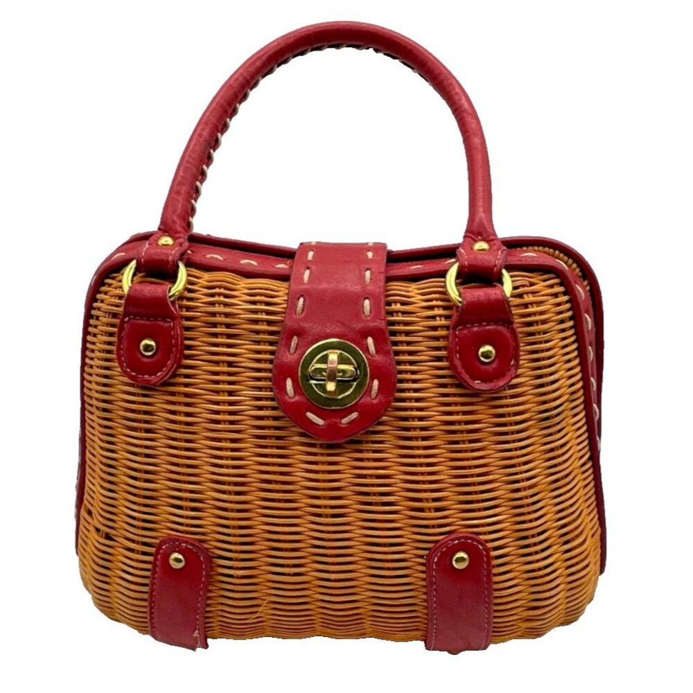 Vintage Red Leather Trimmed Woven Rattan Wicker Handbag 1970s